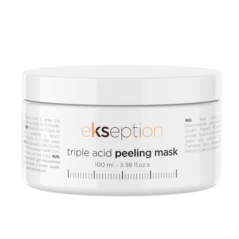 Vit burk med svart text och skruvlock, stående på ljus bakgrund – Triple Acid Peeling Mask 100 ml