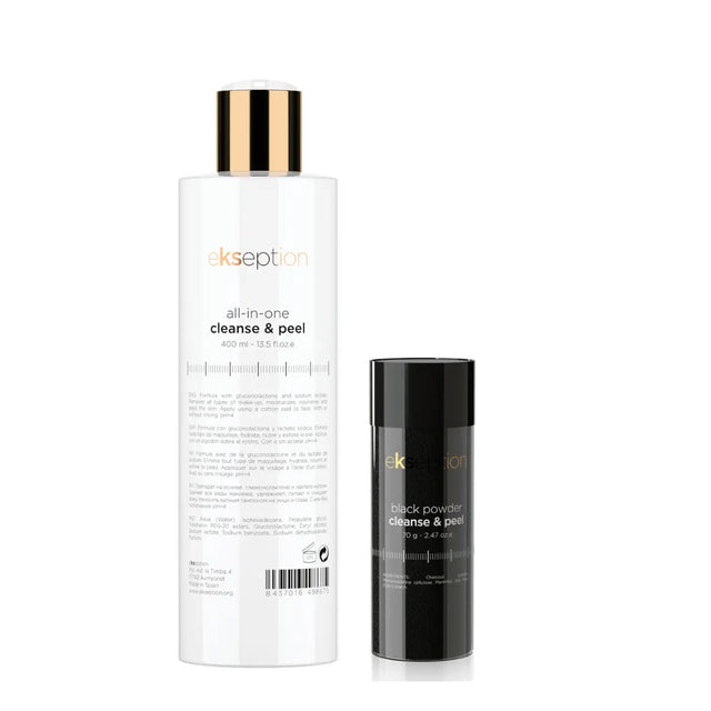 Två rengöringsprodukter i vit och svart förpackning, placerade sida vid sida som ett detox-rengöringskit