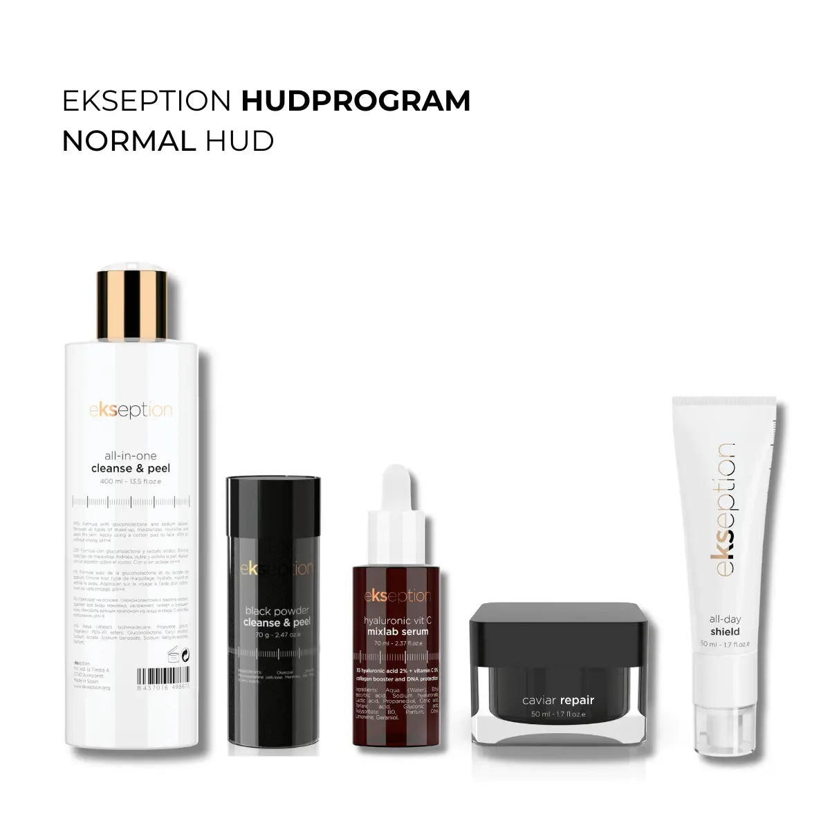 Fem hudvårdsprodukter i vita förpackningar med svart text, arrangerade i ett komplett kit på beige bakgrund – hudprogram för normal hud