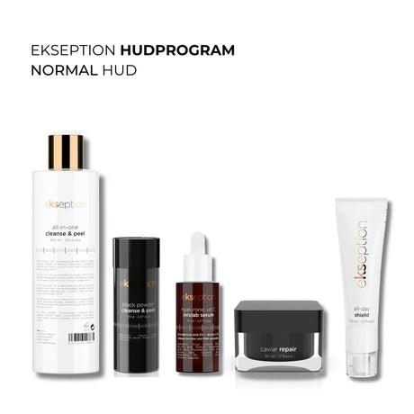 Fem hudvårdsprodukter i vita förpackningar med svart text, arrangerade i ett komplett kit på beige bakgrund – hudprogram för normal hud