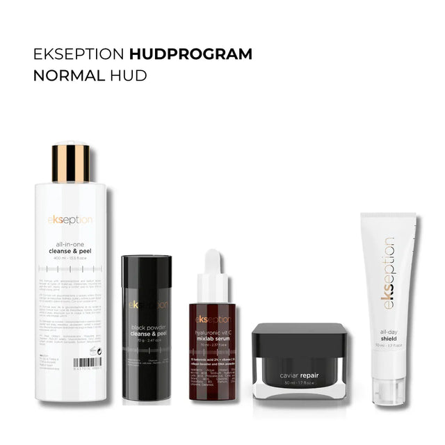 Fem hudvårdsprodukter i vita förpackningar med svart text, arrangerade i ett komplett kit på beige bakgrund – hudprogram för normal hud