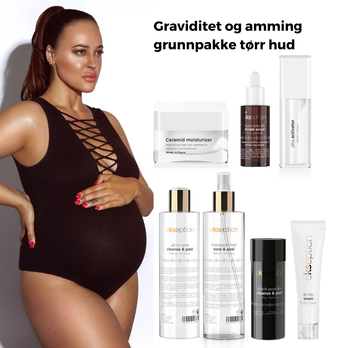 Sju hudvårdsprodukter – rengöring, serum och kräm för normal till torr hud, stående i rad på ljus bakgrund