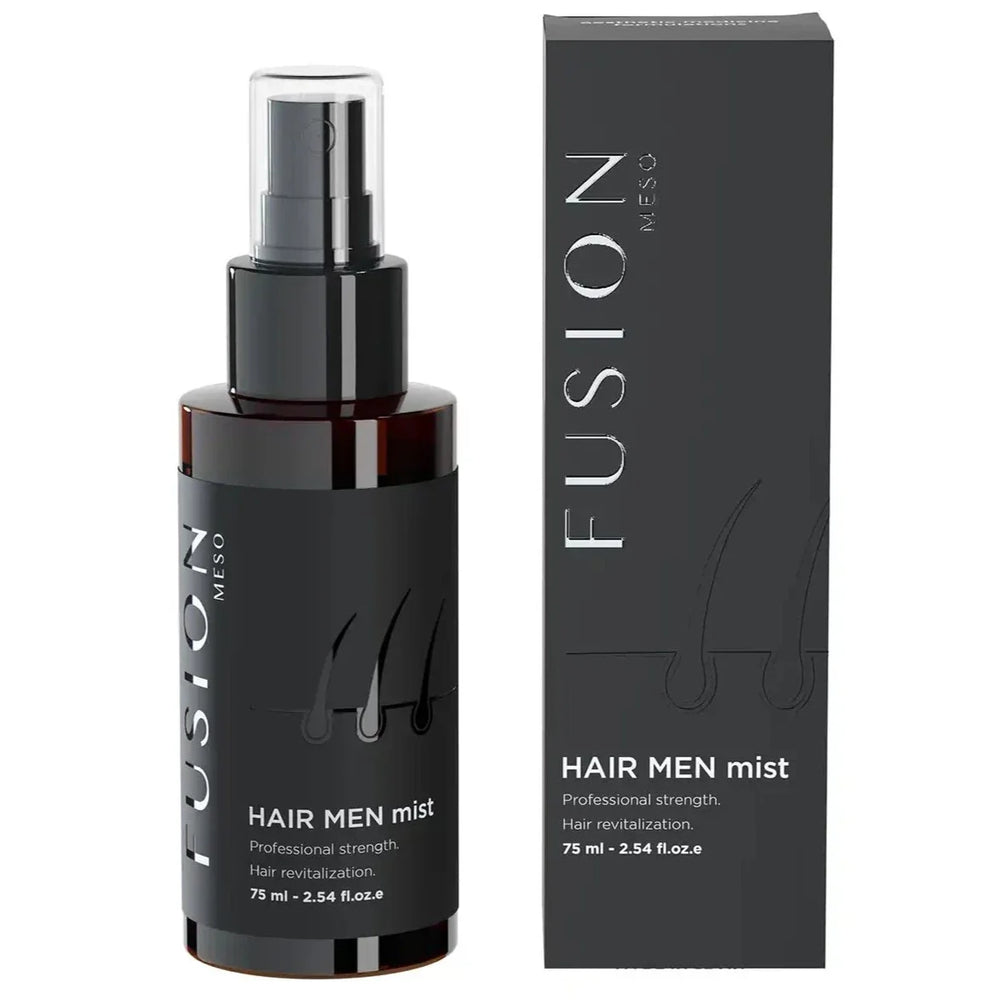 Svart sprayflaska med vit text, stående på ljus bakgrund – en hårmist som behandlar och förebygger håravfall.