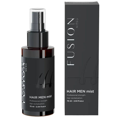 Svart sprayflaska med vit text, stående på ljus bakgrund – en hårmist som behandlar och förebygger håravfall.