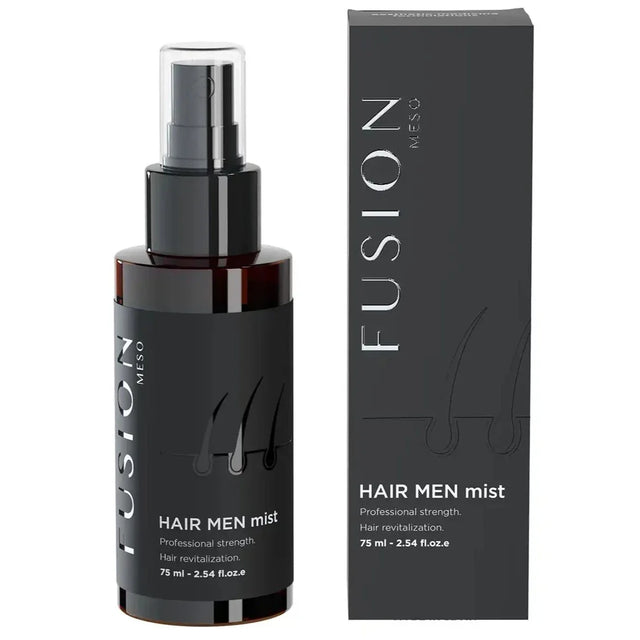 Svart sprayflaska med vit text, stående på ljus bakgrund – en hårmist som behandlar och förebygger håravfall.