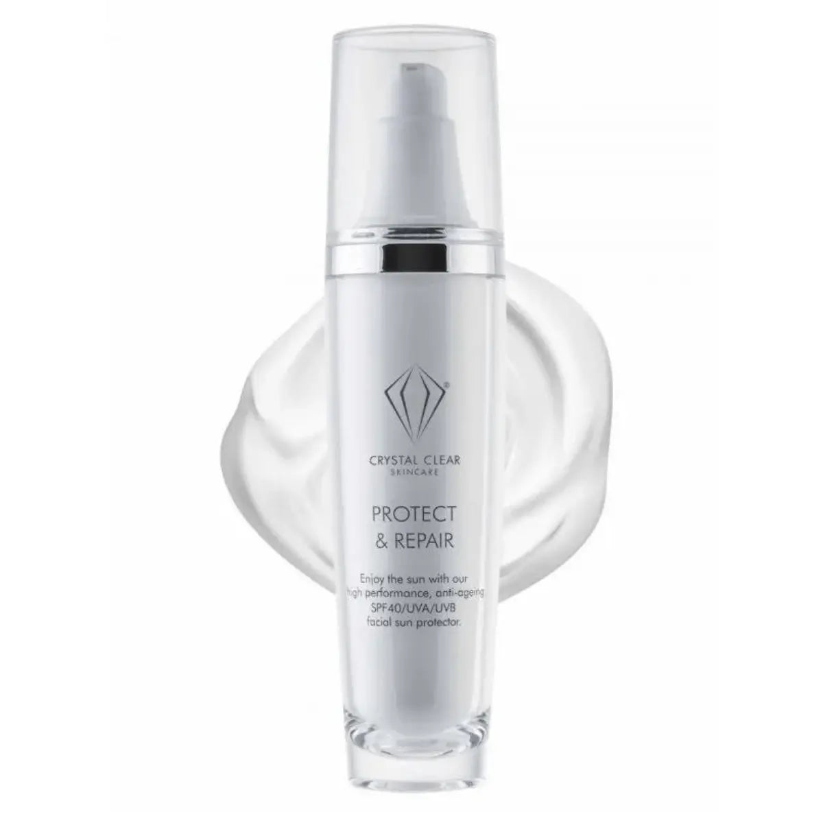 Vit flaska med svart text, stående på ljus bakgrund – en solkräm som skyddar huden med UVA- och UVB-skydd, återfuktar och ger anti-aging-fördelar.