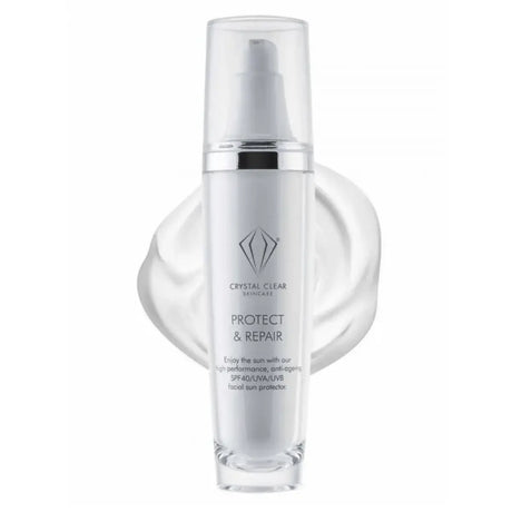 Vit flaska med svart text, stående på ljus bakgrund – en solkräm som skyddar huden med UVA- och UVB-skydd, återfuktar och ger anti-aging-fördelar.