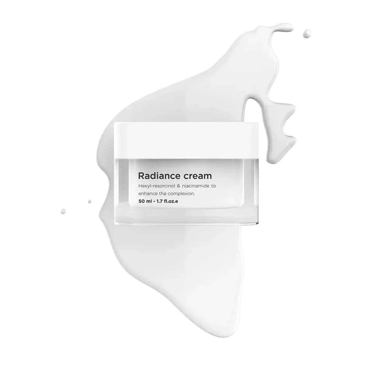 Vit burk med svart text, stående på ljus bakgrund – en hudkräm som jämnar ut hudtonen och minskar mörka fläckar.