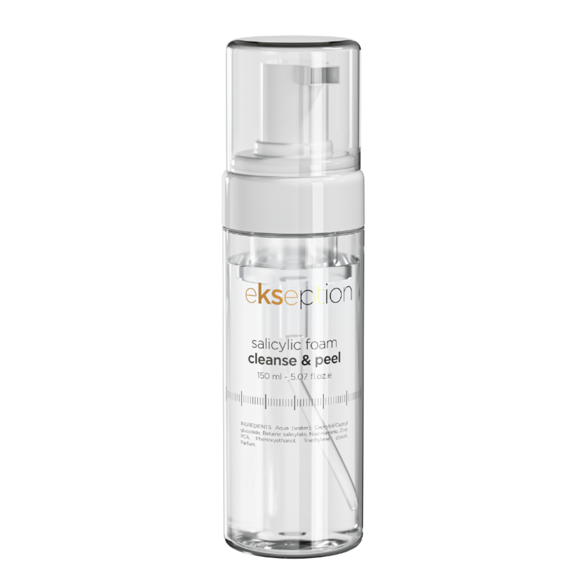 Vit flaska med svart text, stående på ljus bakgrund – en rengöringsskum som tar bort döda hudceller och orenheter.