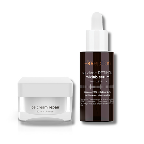 Två hudvårdsprodukter, stående mot ljus bakgrund – Squalane Retinol Serum och ice cream repair
