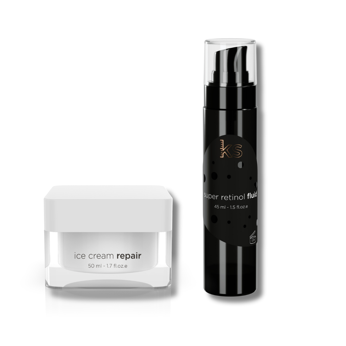 Hvit burk och svart flaska på ljus bakgrund. Retinolbaserat serum för torr och känslig hud placerad mot ljus bakgrund.
