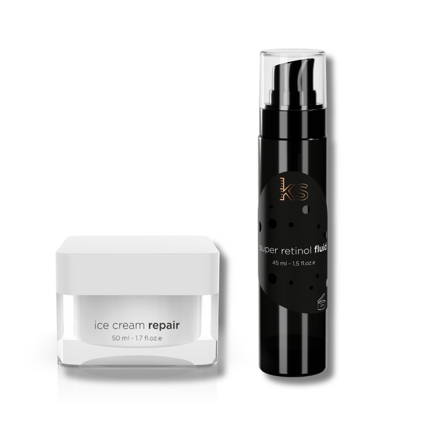 Hvit burk och svart flaska på ljus bakgrund. Retinolbaserat serum för torr och känslig hud placerad mot ljus bakgrund.