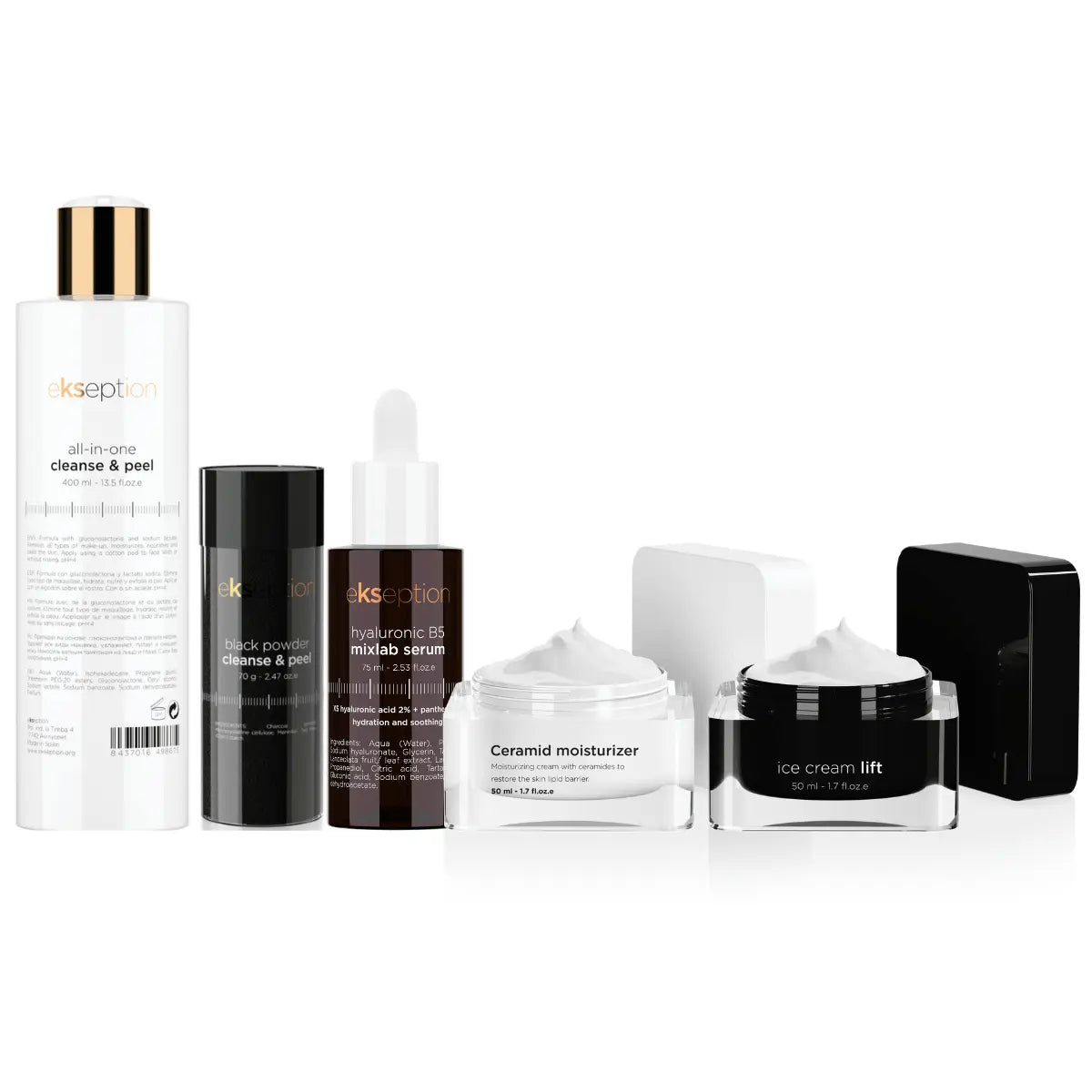 Fem hudvårdsprodukter, stående på ljus bakgrund – en komplett hudvårdsrutin som behandlar torr hud och återställer hudbarriären.