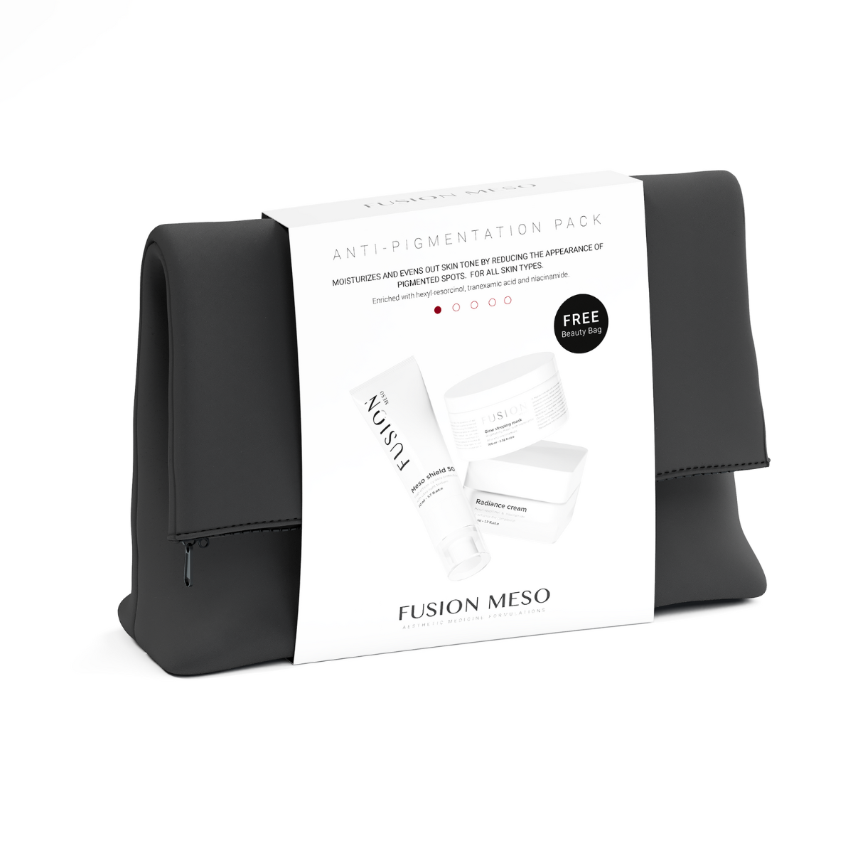 Svart necessär, stående på ljus bakgrund – ett kit som återfuktar huden och jämnar ut hudtonen.