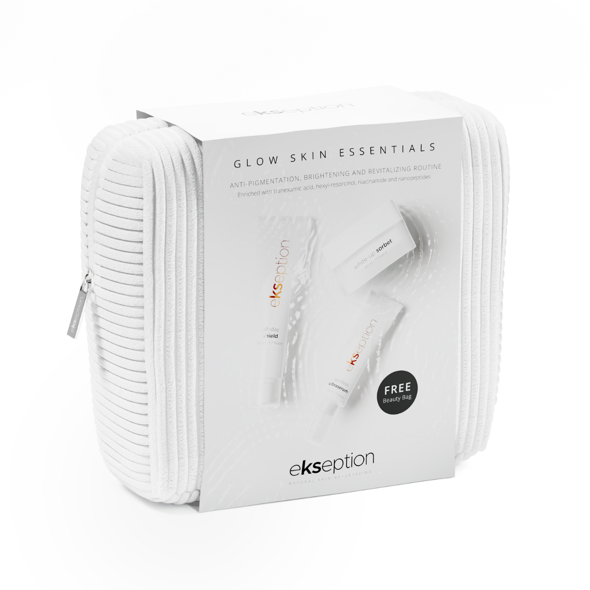 Tre hudvårdsprodukter i vita förpackningar med svart text, arrangerade i ett kit på vit bakgrund – Glow Skin Essentials