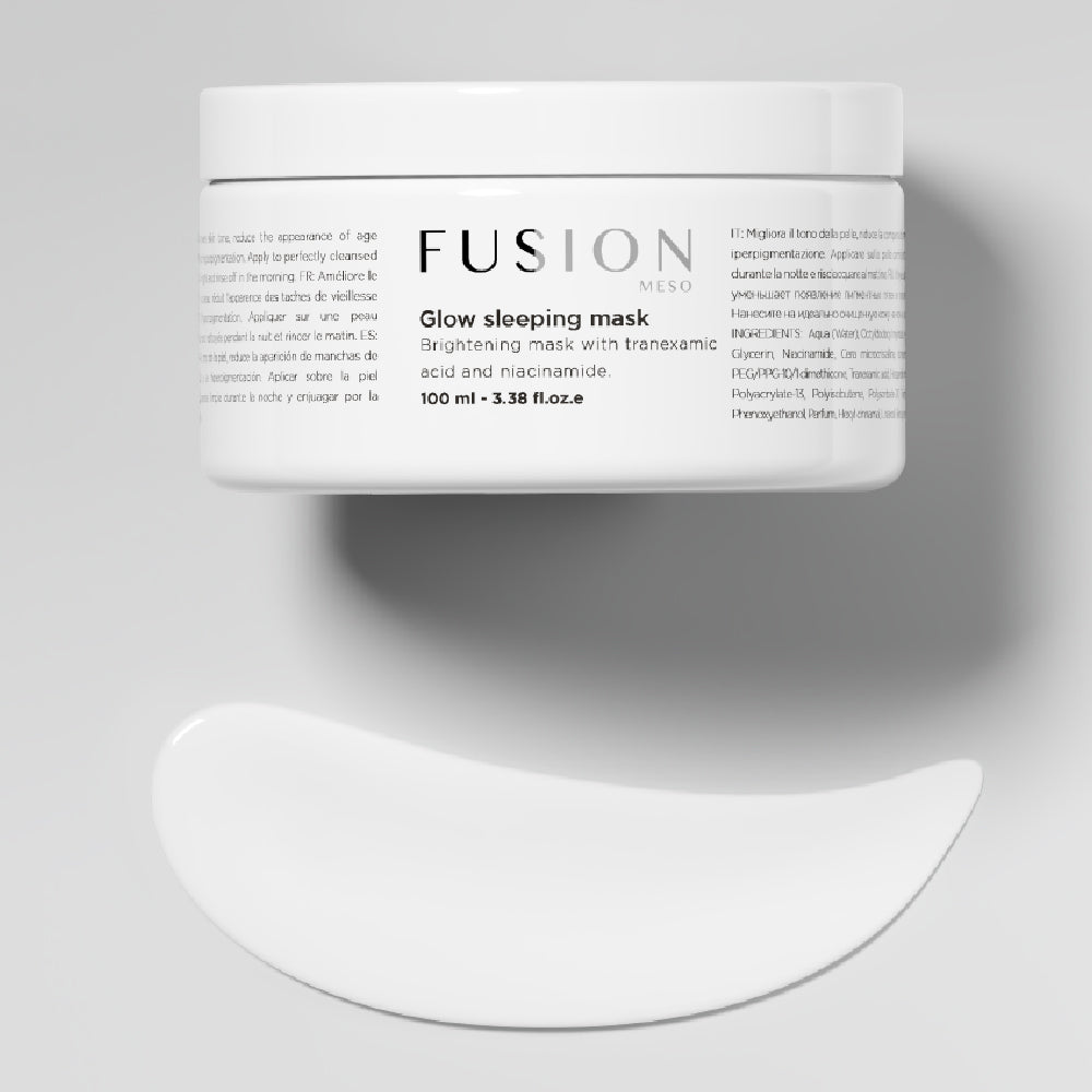 Vit burk med svart text, stående på ljus bakgrund – en nattmask som reducerar rynkor och ger näring till huden.