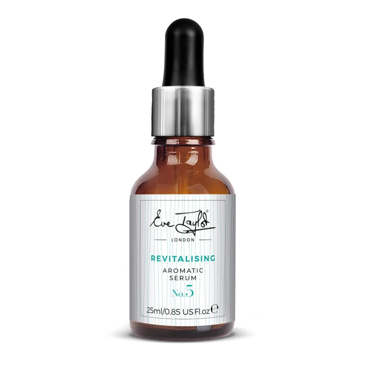 Revitalising Aromatic Serum No.5 visas i en elegant glasflaska med svart pump och silverkork. Flaskans etikett är stilren med svart text på vit bakgrund. Produkten är formulerad för att ge lyster, vårda och återfukta huden, särskilt lämpad för normal till torr hud.