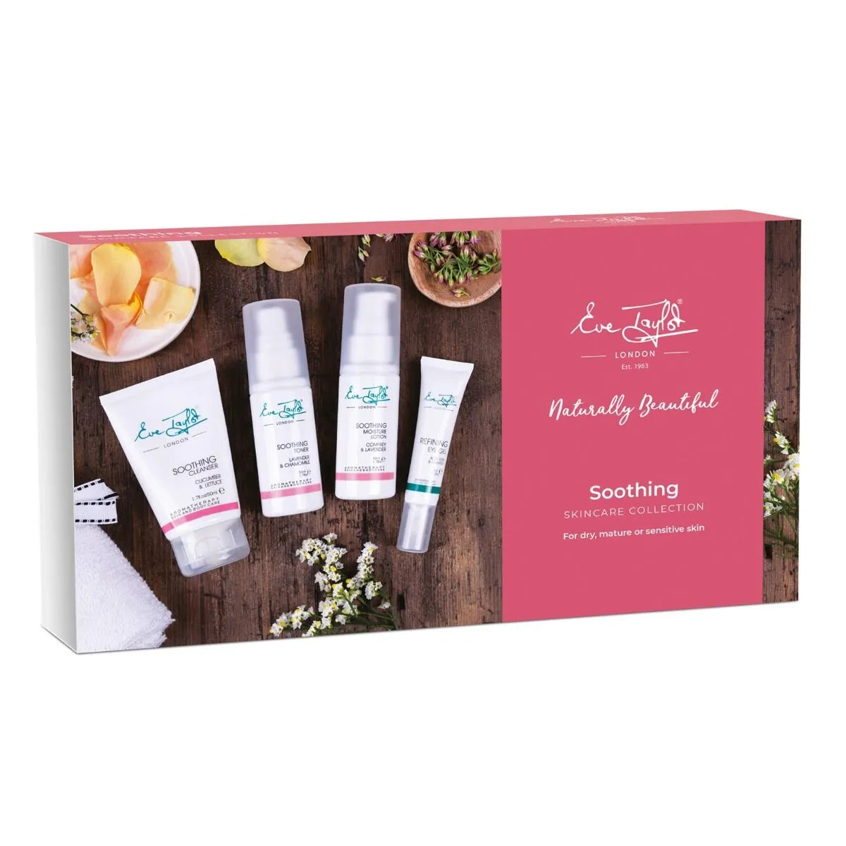 Soothing Skincare Collection Kit är ett komplett hudvårdskit i en stilren, vit förpackning med svart text. Kitet innehåller flera produkter anpassade för torr, mogen och känslig hud. Perfekt för att lugna och återfukta huden.