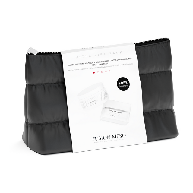 Svart necessär, stående på ljus bakgrund – ett hudvårdskit som plumpar upp huden och reducerar synliga rynkor.