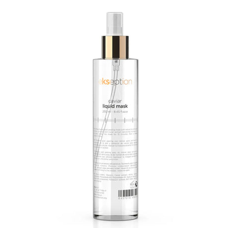 Vit sprayflaska med svart text och rund form, stående mot ljus bakgrund – Caviar Liquid Mask 250 ml