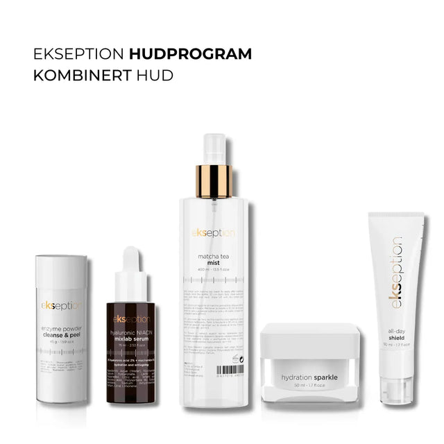 Fem hudvårdsprodukter i vita förpackningar med svart text, arrangerade i ett balanserande kit på ljus bakgrund – hudprogram för kombinerad hud