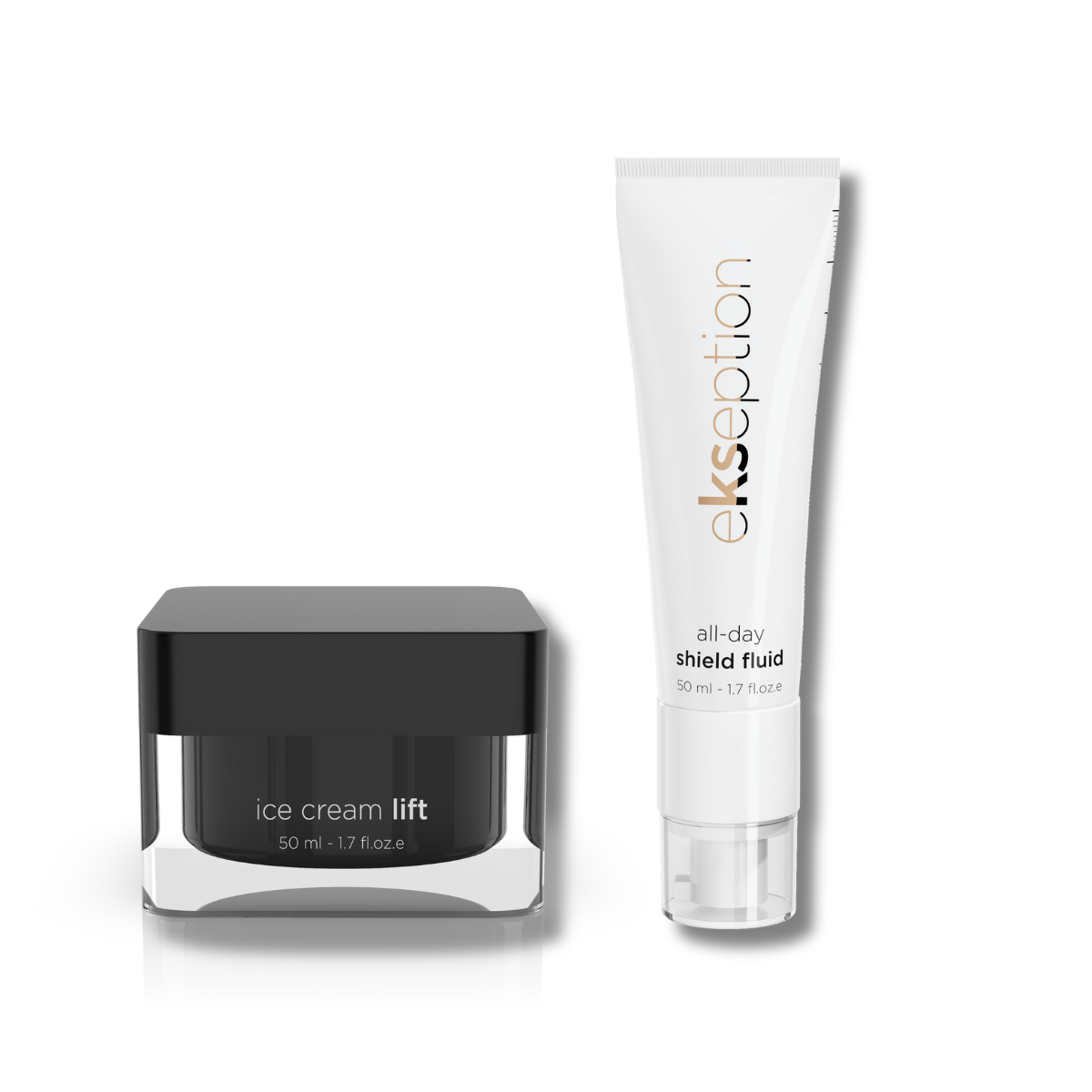 Två hudvårdsprodukter, stående sida vid sida på ljus bakgrund – Ice Cream Lift och All Day Shield Fluid SPF 25