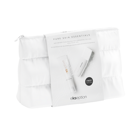 Två hudvårdsprodukter i vita förpackningar med svart text, uppradade i ett balanserande kit på vit bakgrund – Pure Skin Essentials